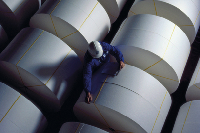 Worker Inspecting Paper Rolls